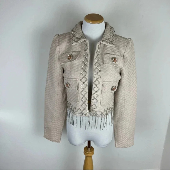 NWT Izaak Azanei Embellished Beaded Blazer Lady Jacket Size XS Cream - Picture 2 of 9
